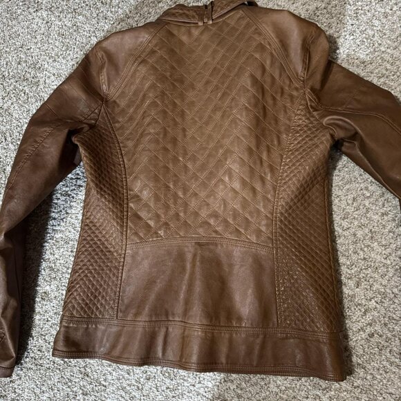 Guess Jacket Womens Medium Brown Quilted Faux Leather Moto Stand Collar Zipper - Picture 10 of 13